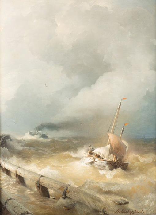 dutch steamship and fishing boat on a stormy sea